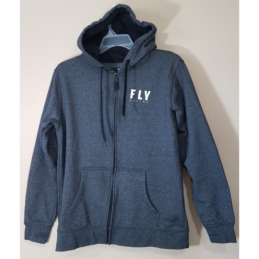 FLY RACING Full Zip Hoodie‎ Sweater Men sz Medium Logo Thumbholes Dark Charcoal